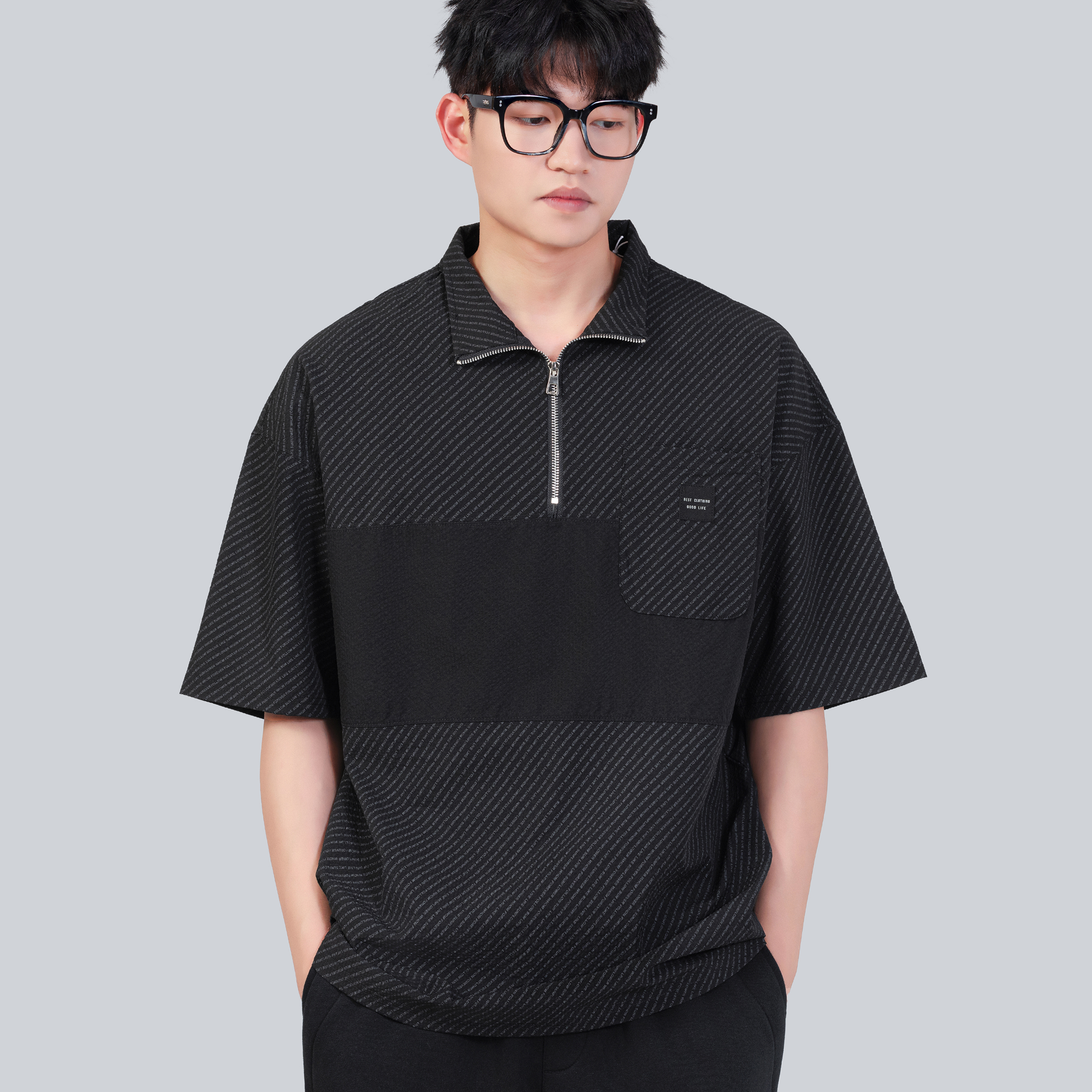 美式設計感拼接半拉鍊短袖polo衫T恤男夏季薄款透氣保羅衫