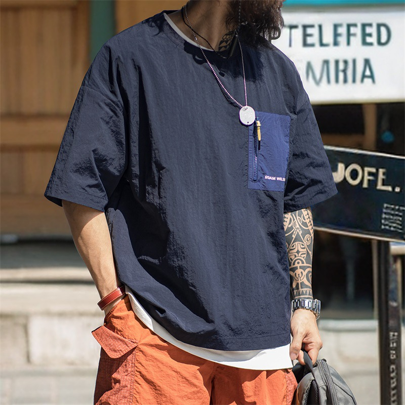 山系戶外薄款口袋拼接短袖T恤落肩尼龍透氣半袖T恤男夏