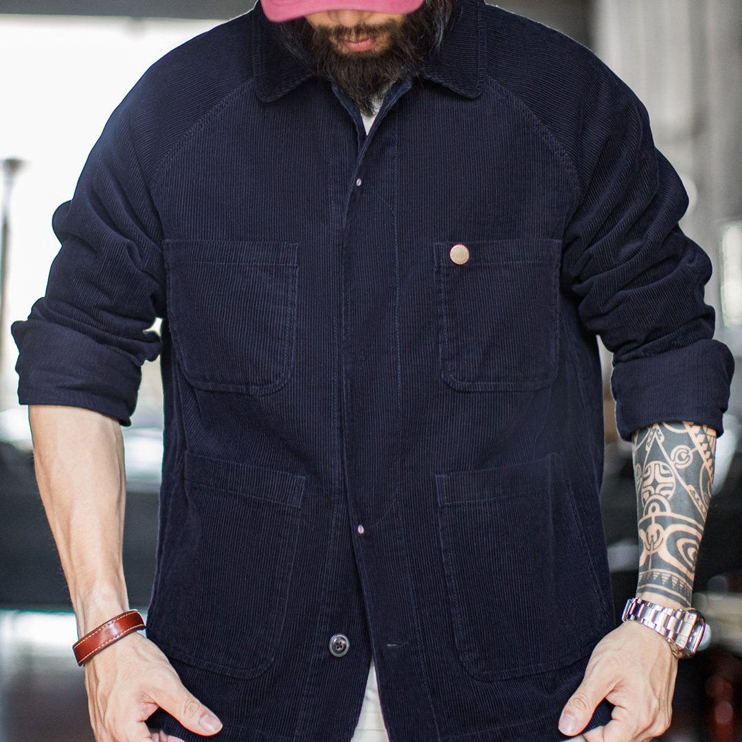 美式復古燈芯絨四袋獵裝夾克短款藏藍色翻領薄款外套男春