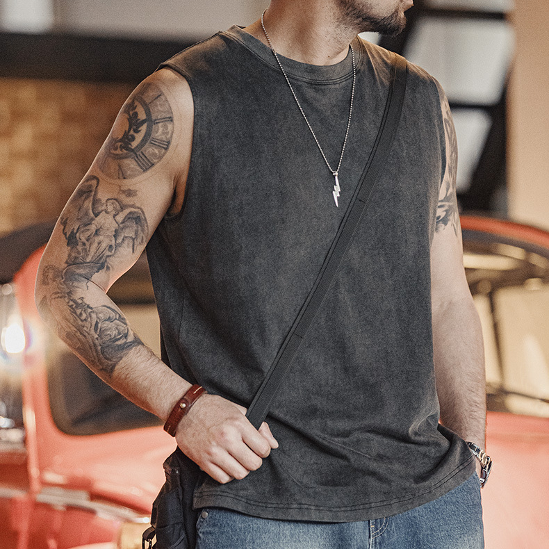 美式復古硬漢做舊背心純棉運動健身打底坎肩無袖T恤男夏