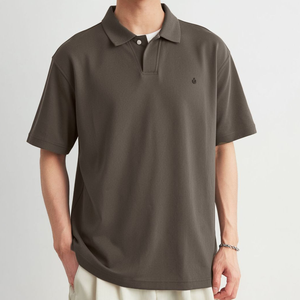 日系刺繡小標翻領紐扣Polo衫男夏季純色寬鬆通勤百搭短袖T恤
