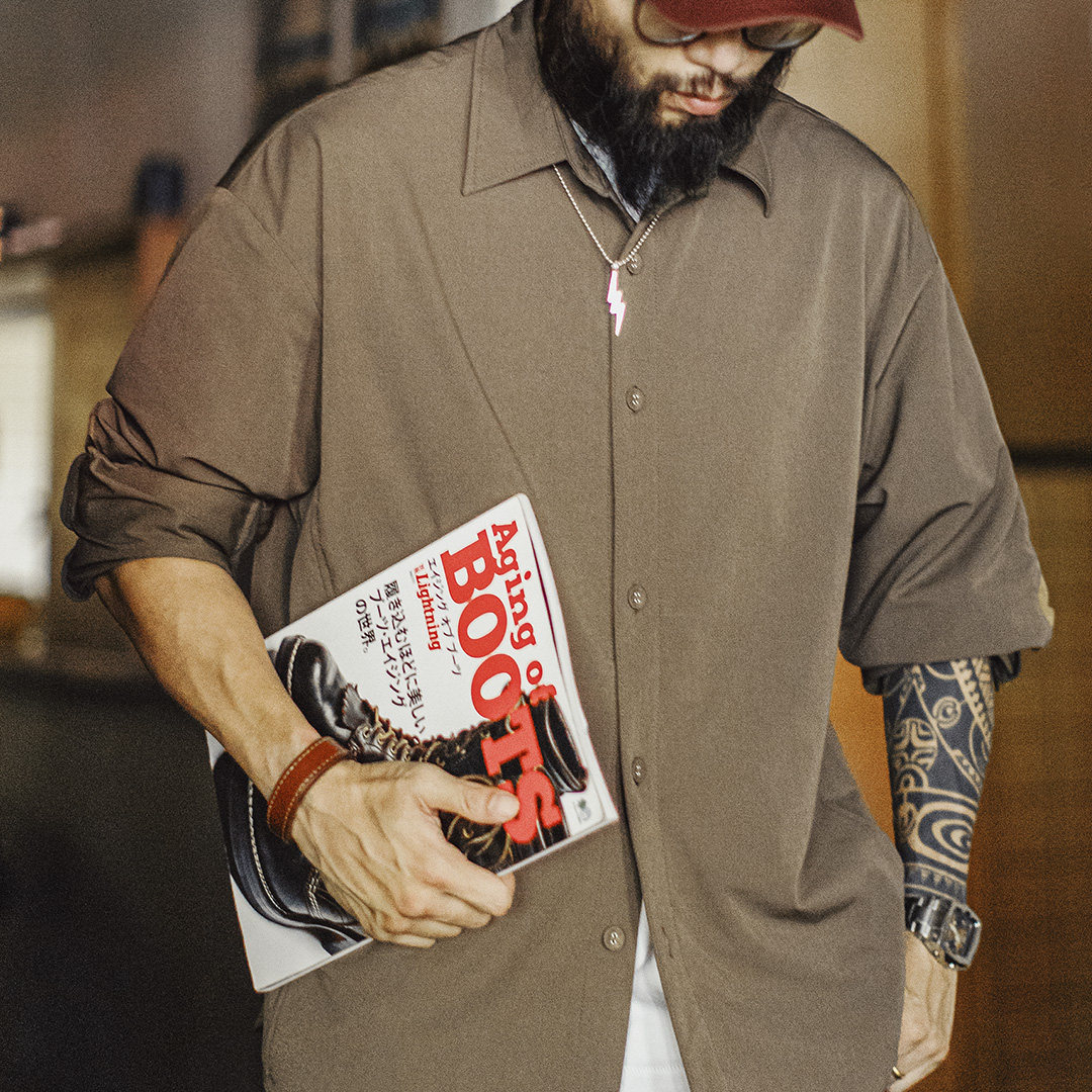 美式復古獵裝襯衫外套肘部拼接翻領正肩長袖薄款襯衣男春