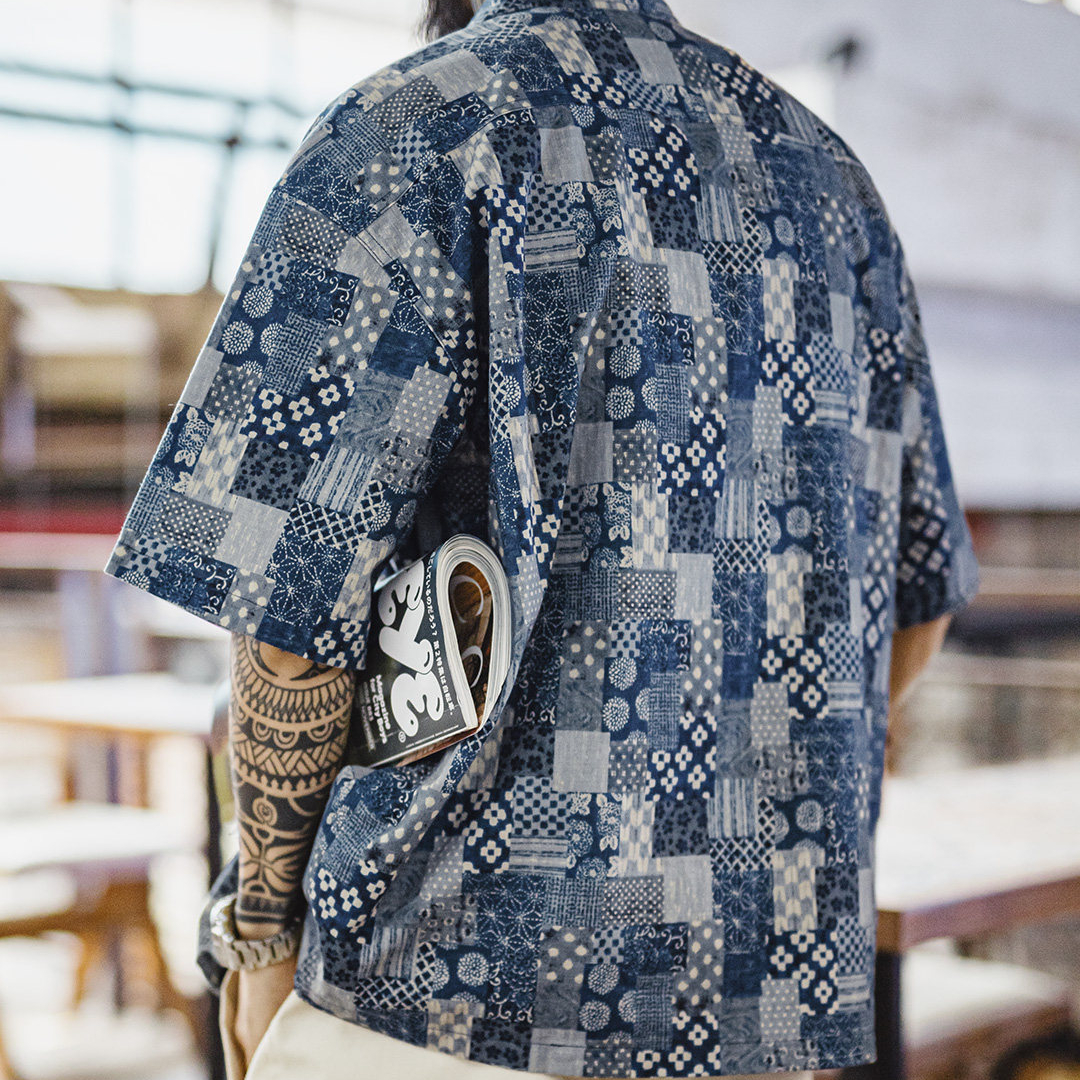 美式復古Boro古布短袖襯衫vintage印花牛仔襯衣外套男夏