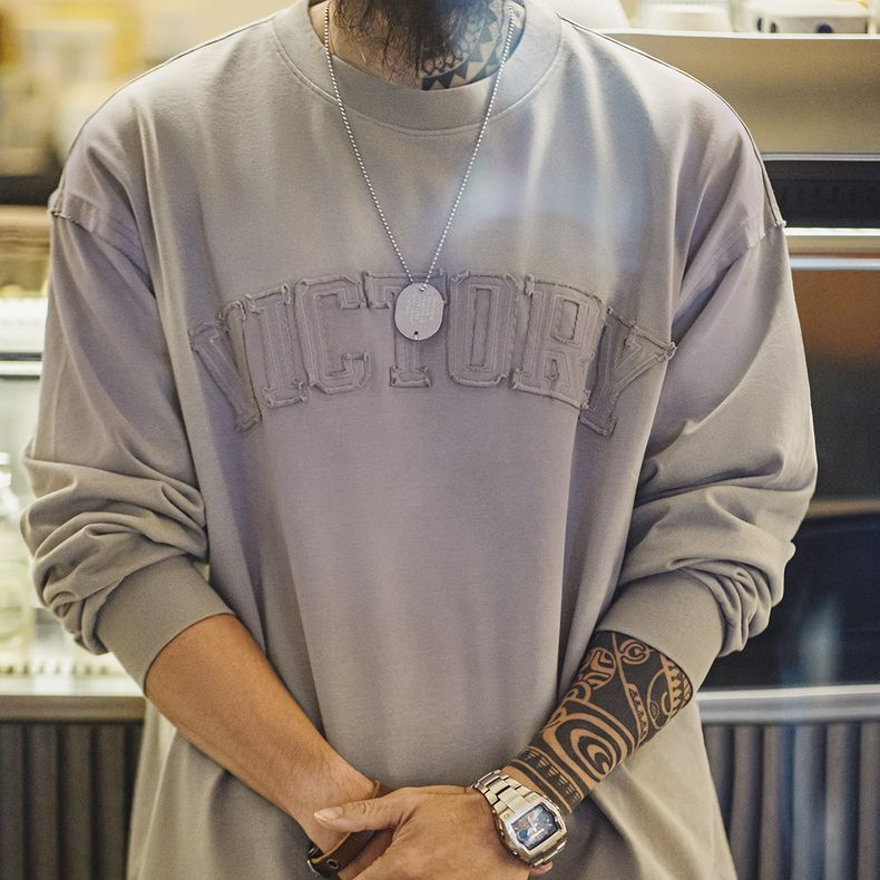 美式復古字母貼布衛衣漸變色水洗做舊寬鬆圓領T恤男春季