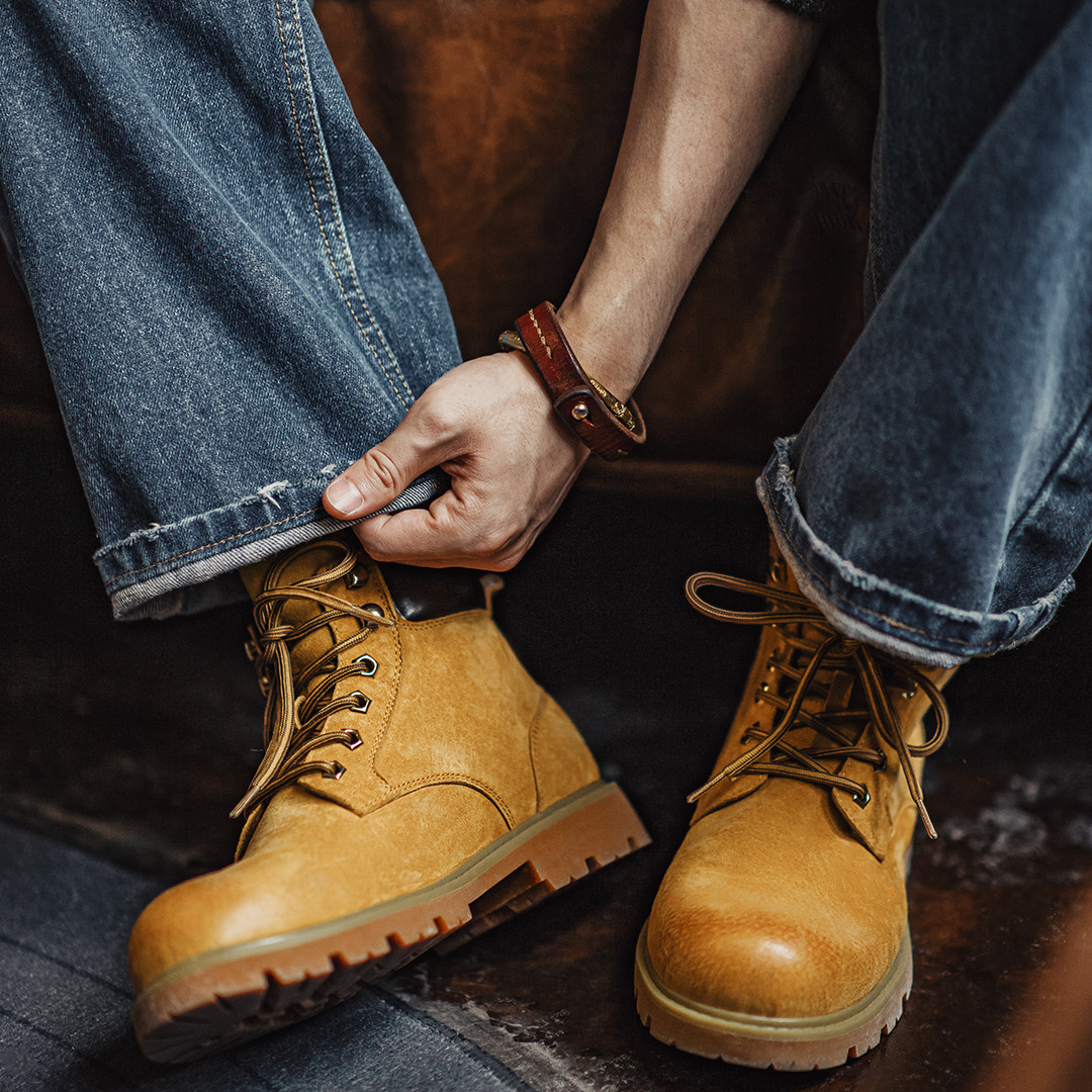 無界翻轉大黃靴男秋冬新款翻蓋中幫真皮復古美式工裝馬丁靴子