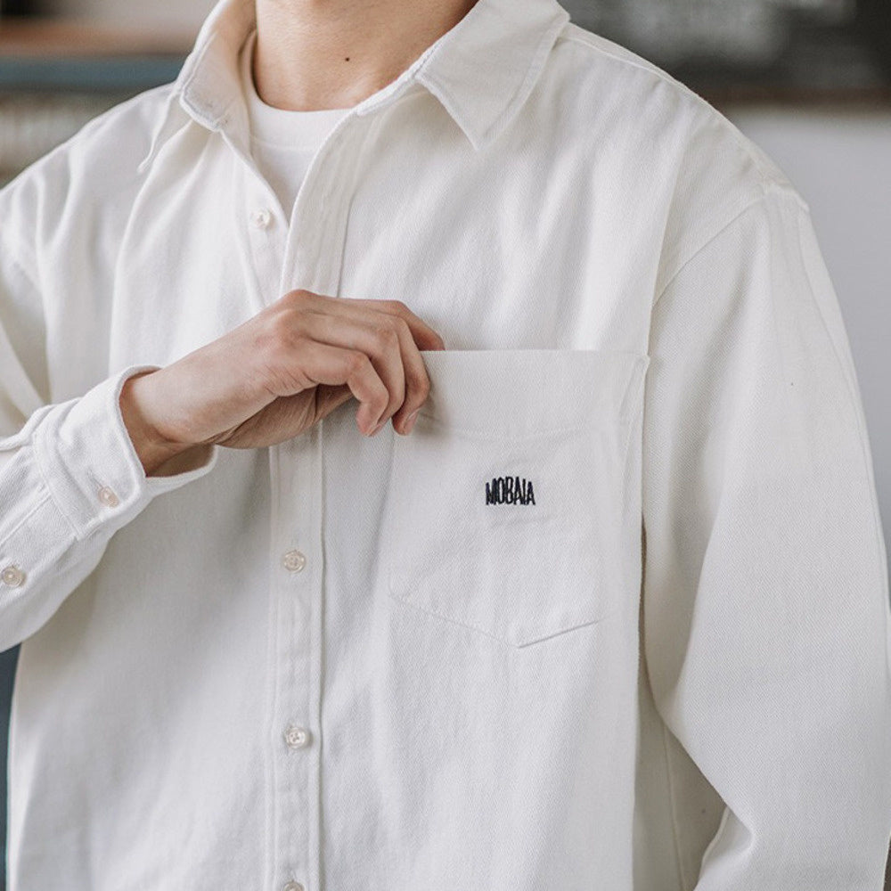 全棉磨毛厚寬松工裝襯衫純色長袖休閑襯衣男春秋外套