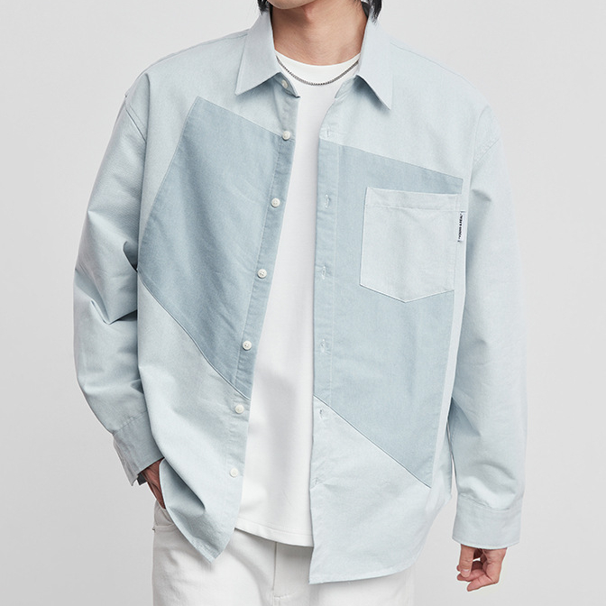 幾何雙拼色襯衫男春秋季新款潮韓版設計感小衆廓形寬鬆上衣潮