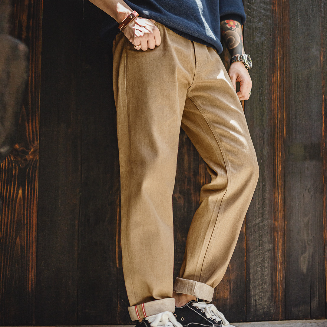 美式復古西部牛仔褲卡其棕色直筒黃石赤耳原牛休閒褲男秋