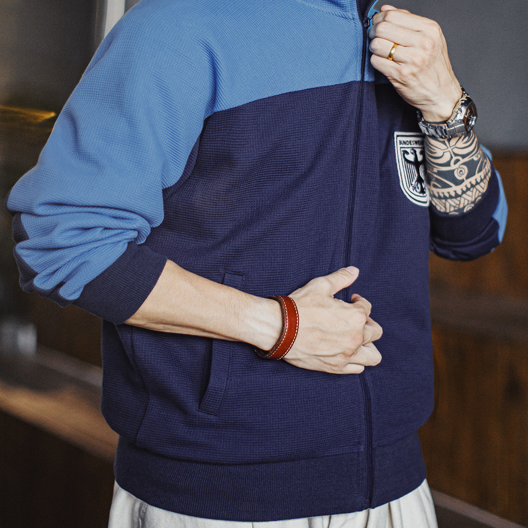 美式撞色教練夾克華夫格立領藍色訓練服透氣長袖外套男秋