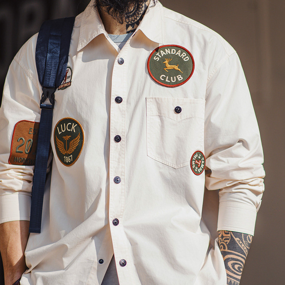 美式章仔刺繡長袖襯衫外套薄款白色口袋拼接襯衣夾克男春