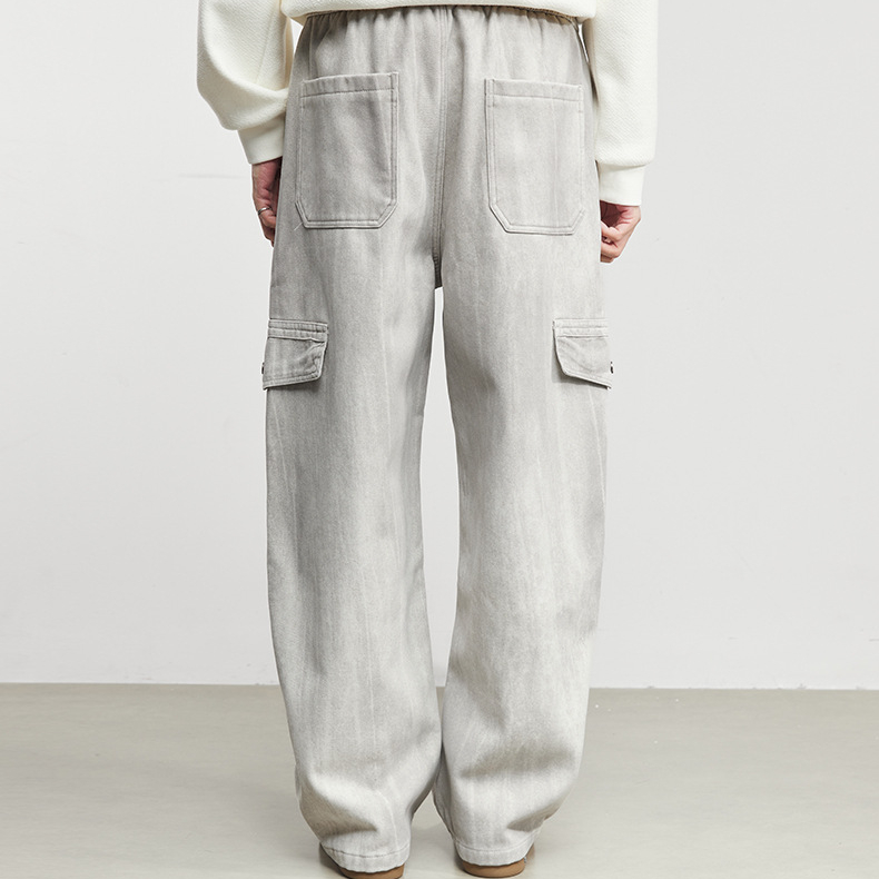 素韻加絨彎刀牛仔褲工裝褲男秋冬季新款寬鬆闊腿保暖褲子