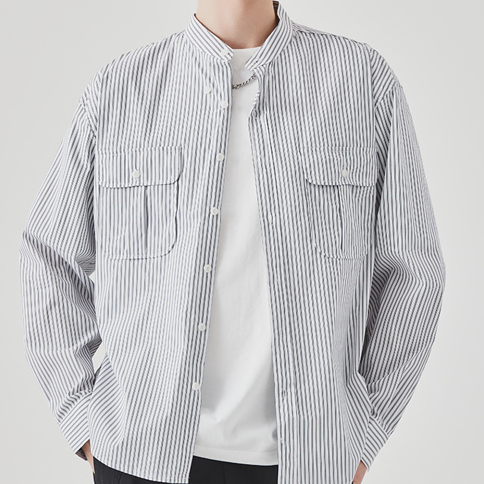 條紋襯衫男春季高級感痞帥商務休閒百搭立領長袖襯衣外套