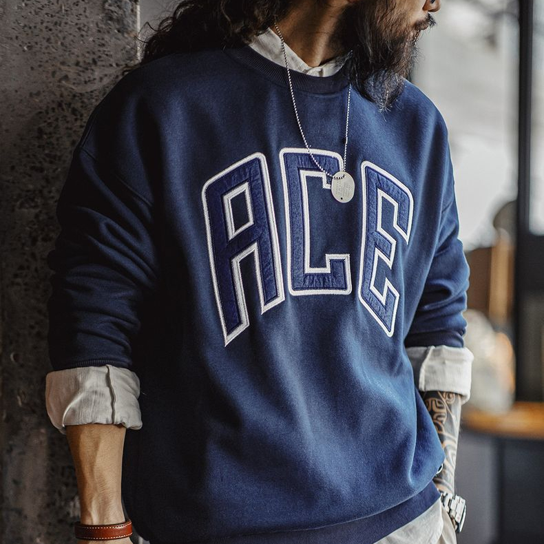 美式休閒字母刺繡衛衣學院風加厚加絨保暖圓領上衣男秋冬