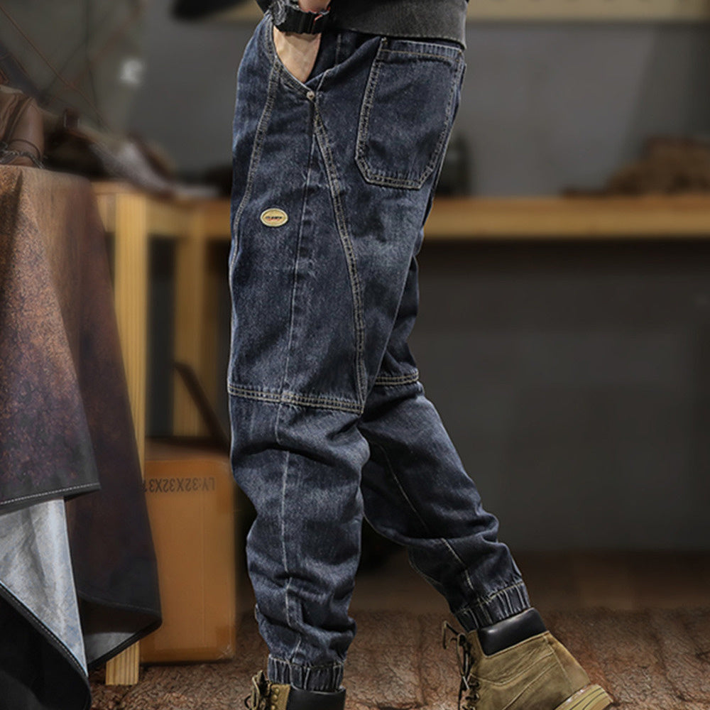 美式復古潮牌水洗束腳牛仔褲男寬松大碼百搭秋冬款工裝休閑褲