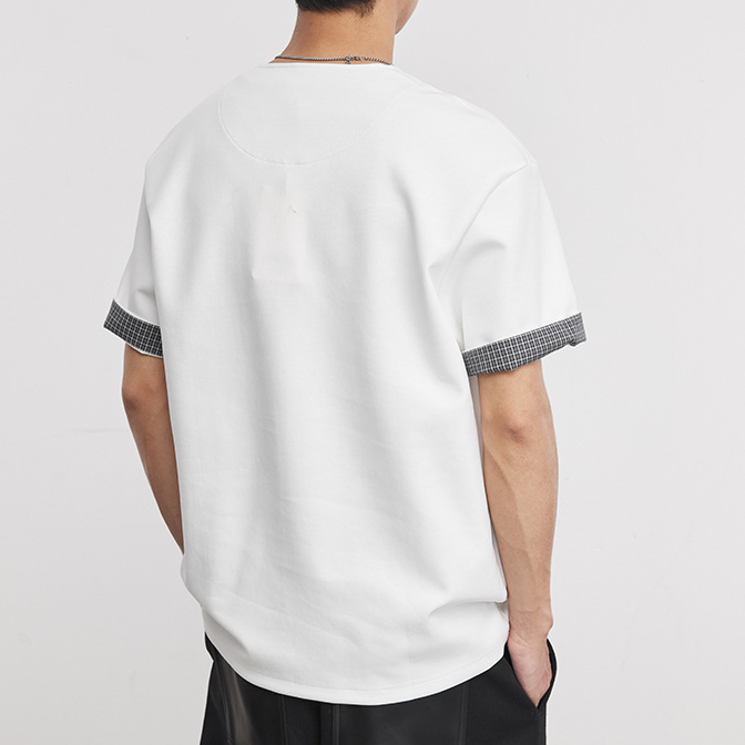 重磅260g格紋拼接小V領T恤男夏季亨利領寬鬆休閒街頭通勤短袖