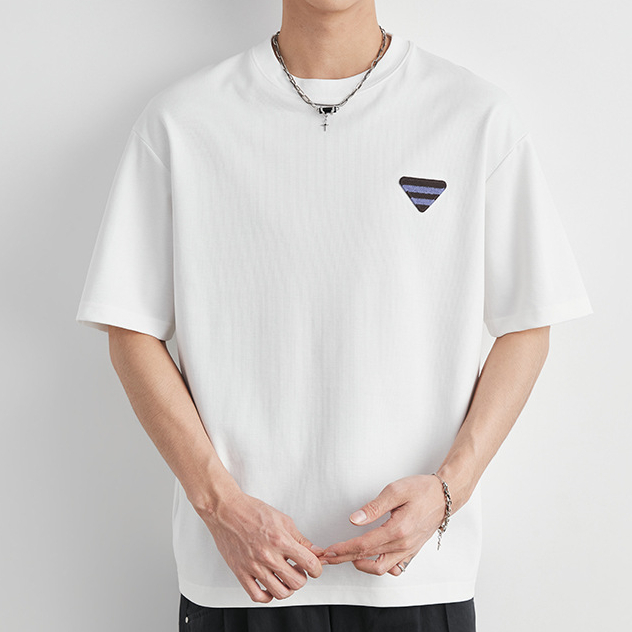 輕熟風三角貼標T恤男夏季重磅220g棉紡圓領寬鬆舒適透氣短袖