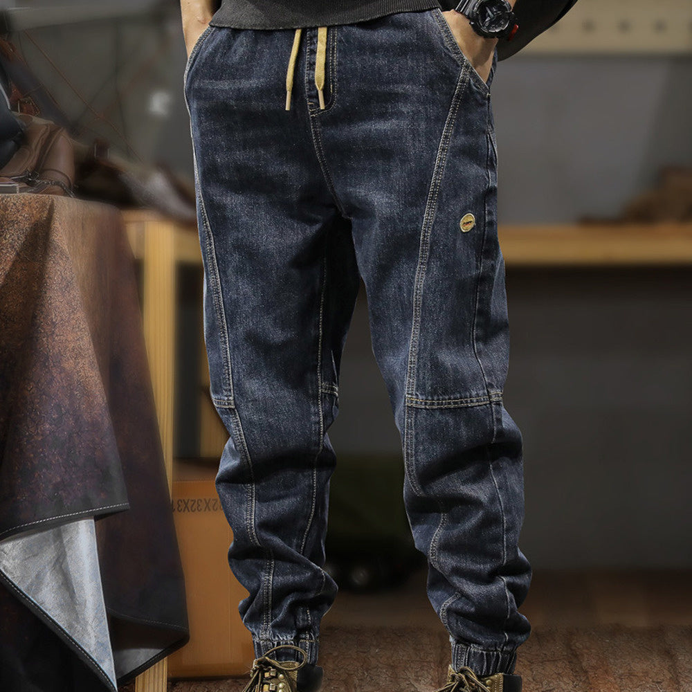 美式復古潮牌水洗束腳牛仔褲男寬松大碼百搭秋冬款工裝休閑褲