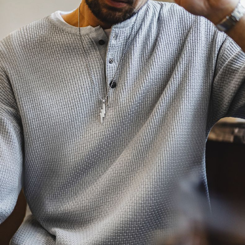 美式竹節紋亨利衫短袖老錢垂感針織灰色寬鬆半袖T恤男夏