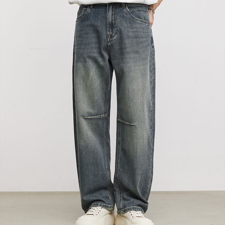 做舊水洗割破牛仔褲男夏季美式復古漸變垂感寬鬆直筒闊腿褲
