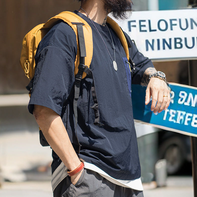山系戶外薄款口袋拼接短袖T恤落肩尼龍透氣半袖T恤男夏