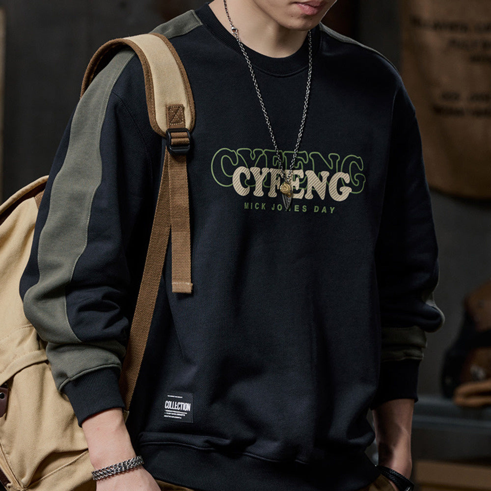 設計感撞色拼接圓領衛衣男士寬松潮牌印花上衣秋冬季400g外套