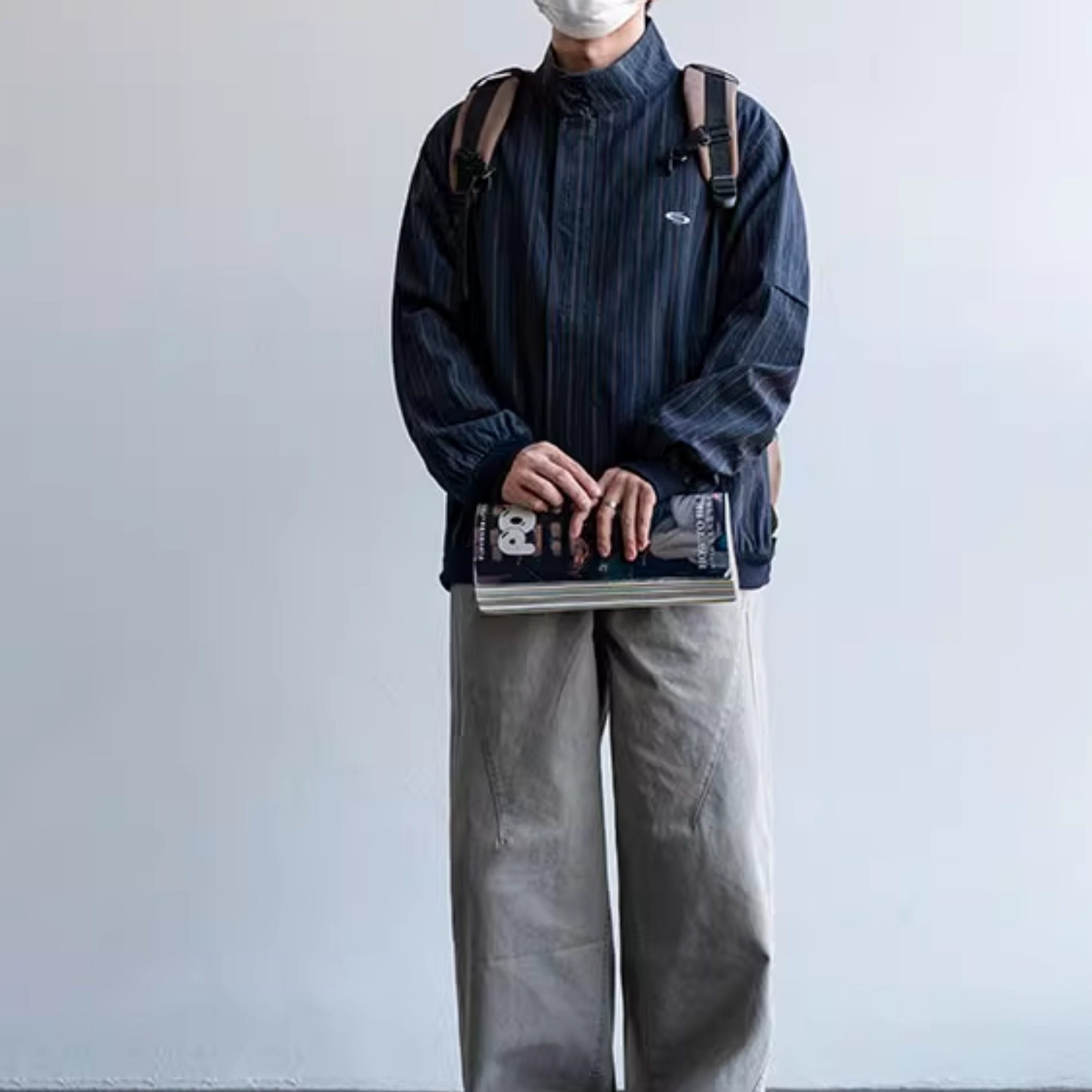 美式潮牌古布條紋哈靈頓夾克男秋季新款寬鬆休閒立領男裝外套