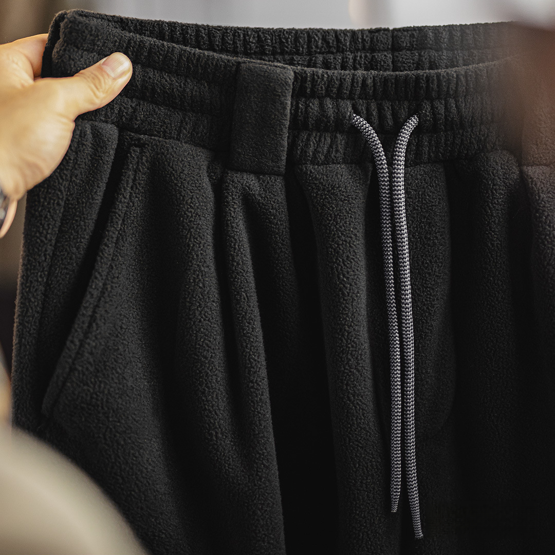 美式復古雙面搖粒絨衛褲束腳保暖黑色多口袋休閒褲子男冬