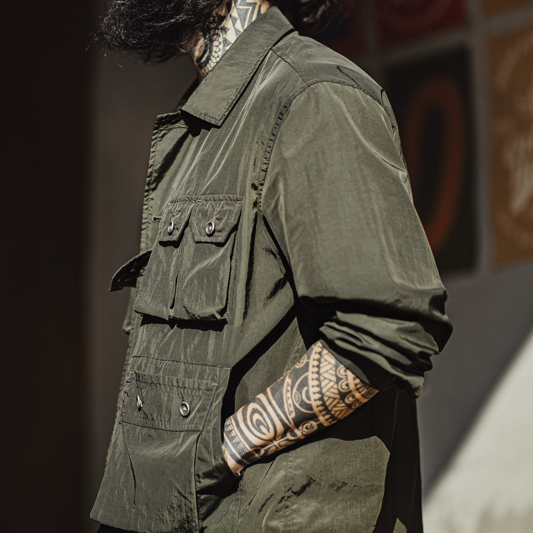 美式復古獵裝襯衫薄款梭織多口袋軍綠色長袖襯衫外套男春