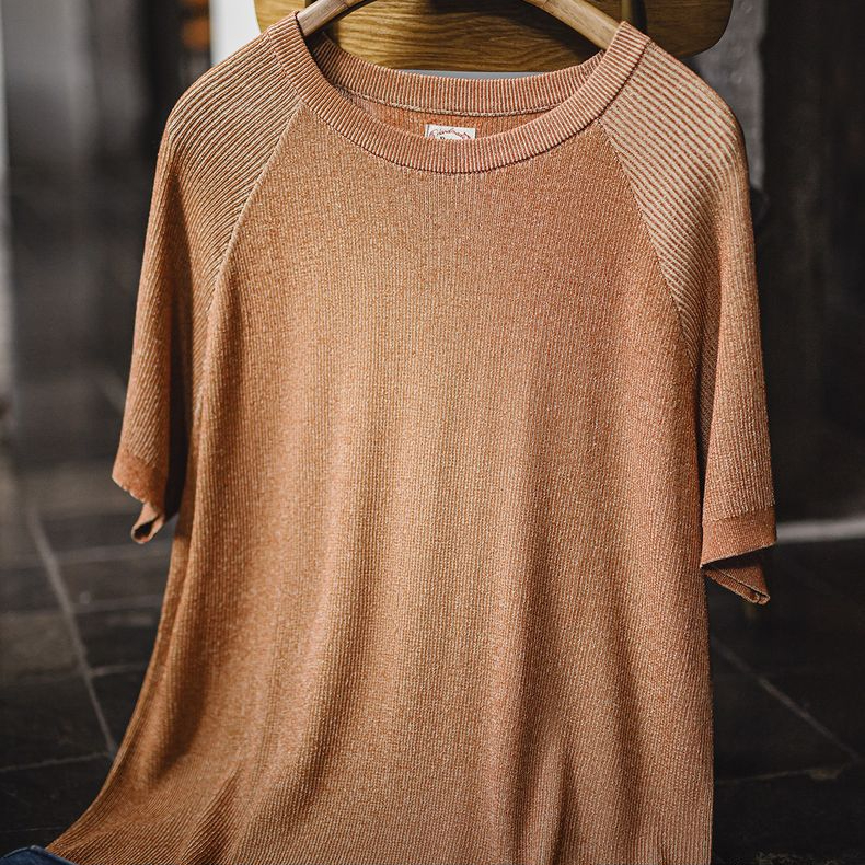 美式復古橙色針織衫短袖休閒寬鬆圓領薄款透氣T恤男夏季