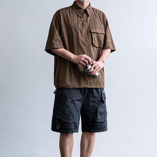 日系復古簡約貼袋套頭速幹短袖襯衫男士夏季輕薄透氣情侶工裝襯衣