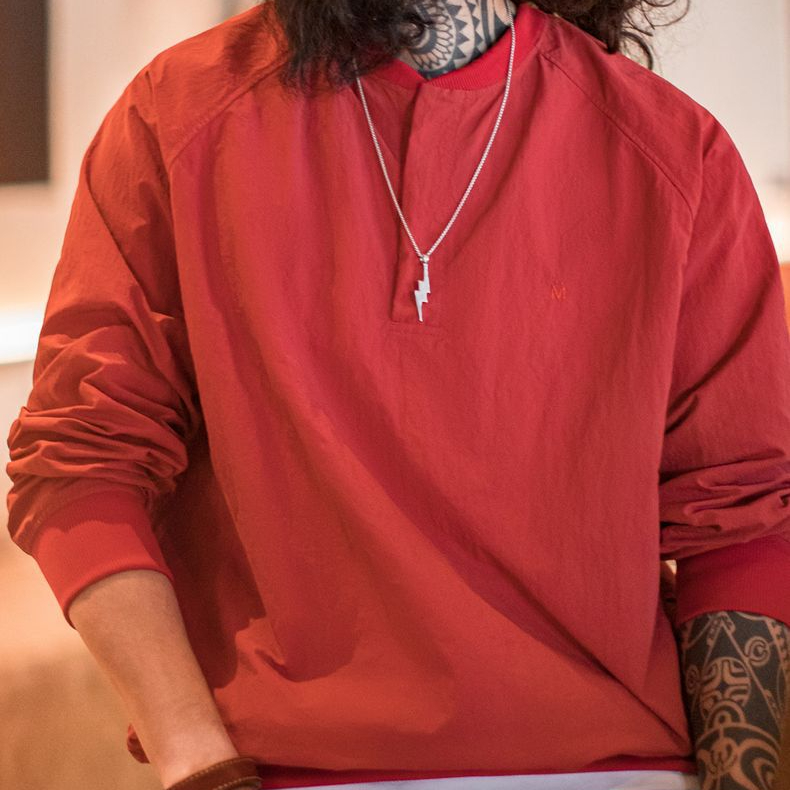 美式復古棒球領衛衣新年紅色上衣寬鬆套頭衫圓領T恤男春