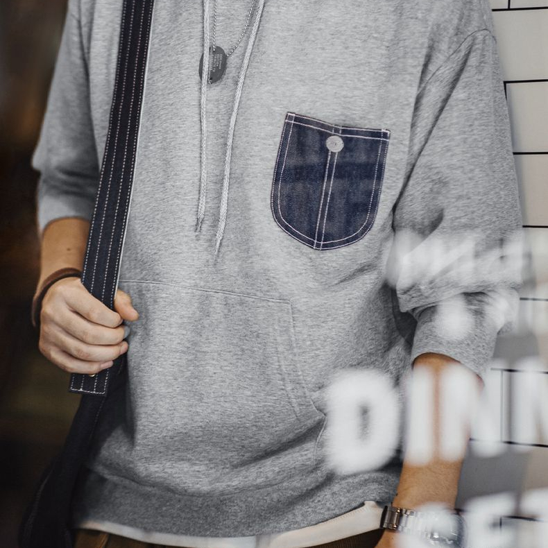 美式休閒口袋拼接連帽衛衣cleanfit運動長袖上衣男秋冬季