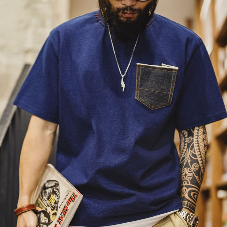 美式復古植物藍染T恤日系重磅純棉二本鍼口袋短袖男款夏