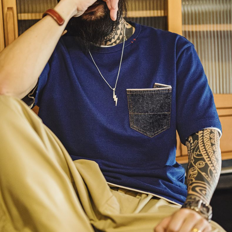 美式復古植物藍染T恤日系重磅純棉二本鍼口袋短袖男款夏