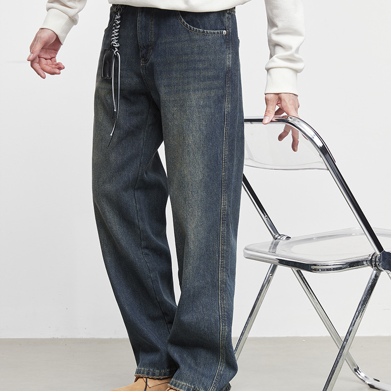 復型男士復古加絨直筒牛仔褲秋冬寬鬆休閒潮流做舊闊腿褲
