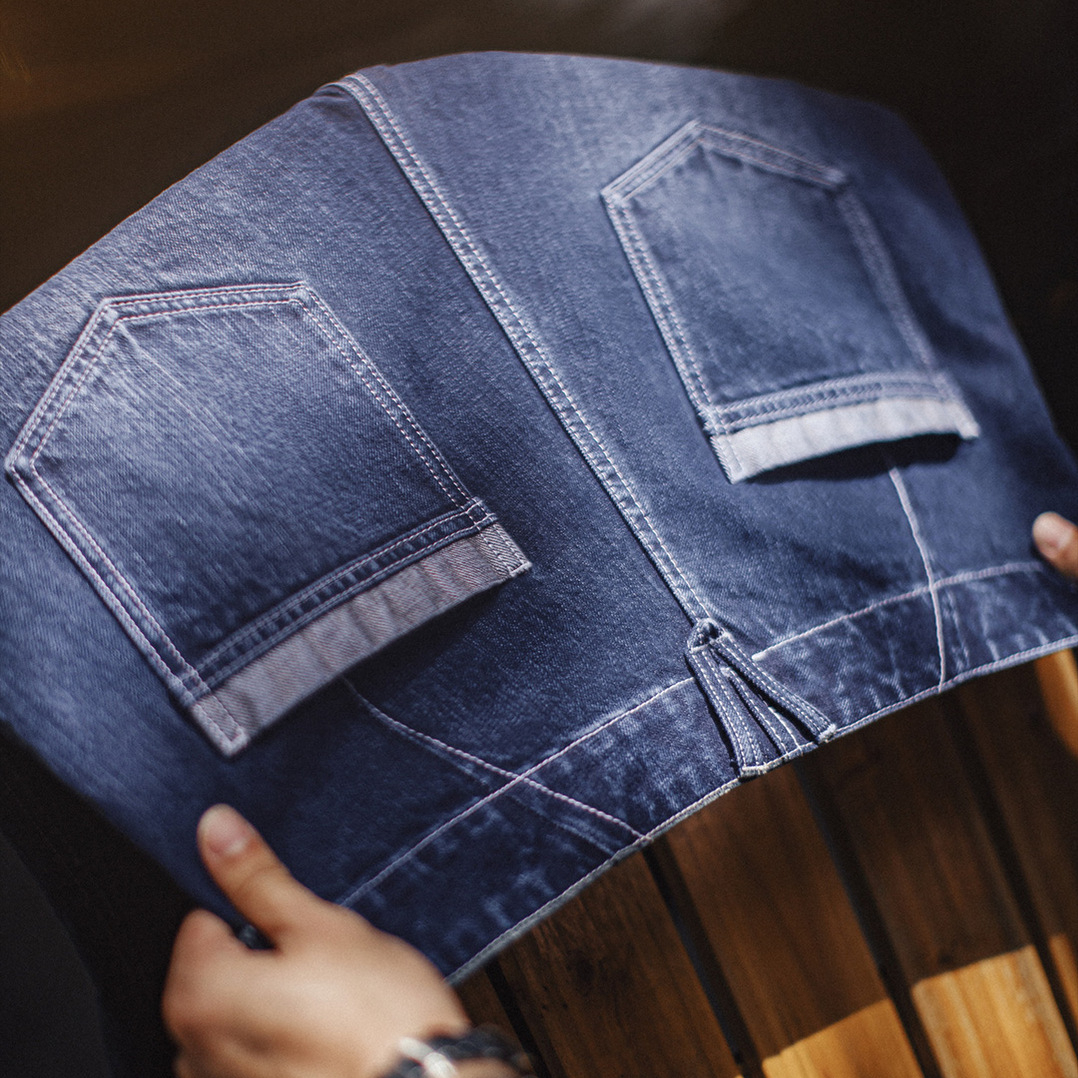 美式竹節水洗牛仔褲丹寧藍色直筒微錐型休閒長褲子男秋冬