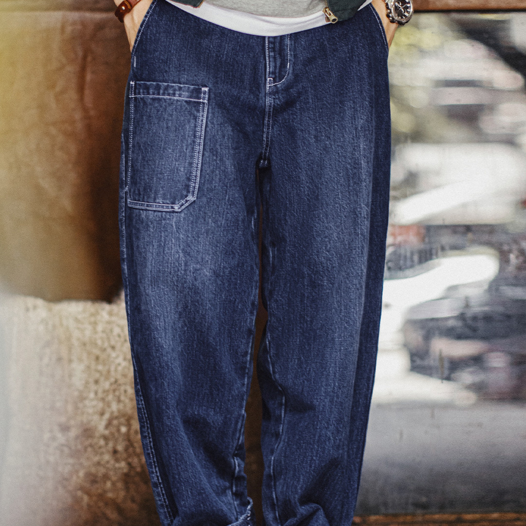 美式竹節水洗牛仔褲丹寧藍色直筒微錐型休閒長褲子男秋冬