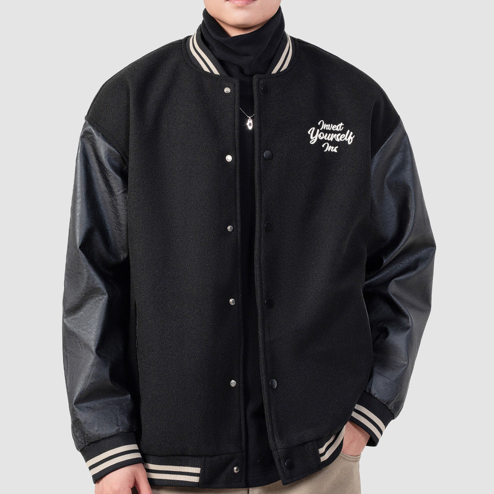 美式拼接pu皮棒球服外套男士春秋季情侶刺繡休閑夾克