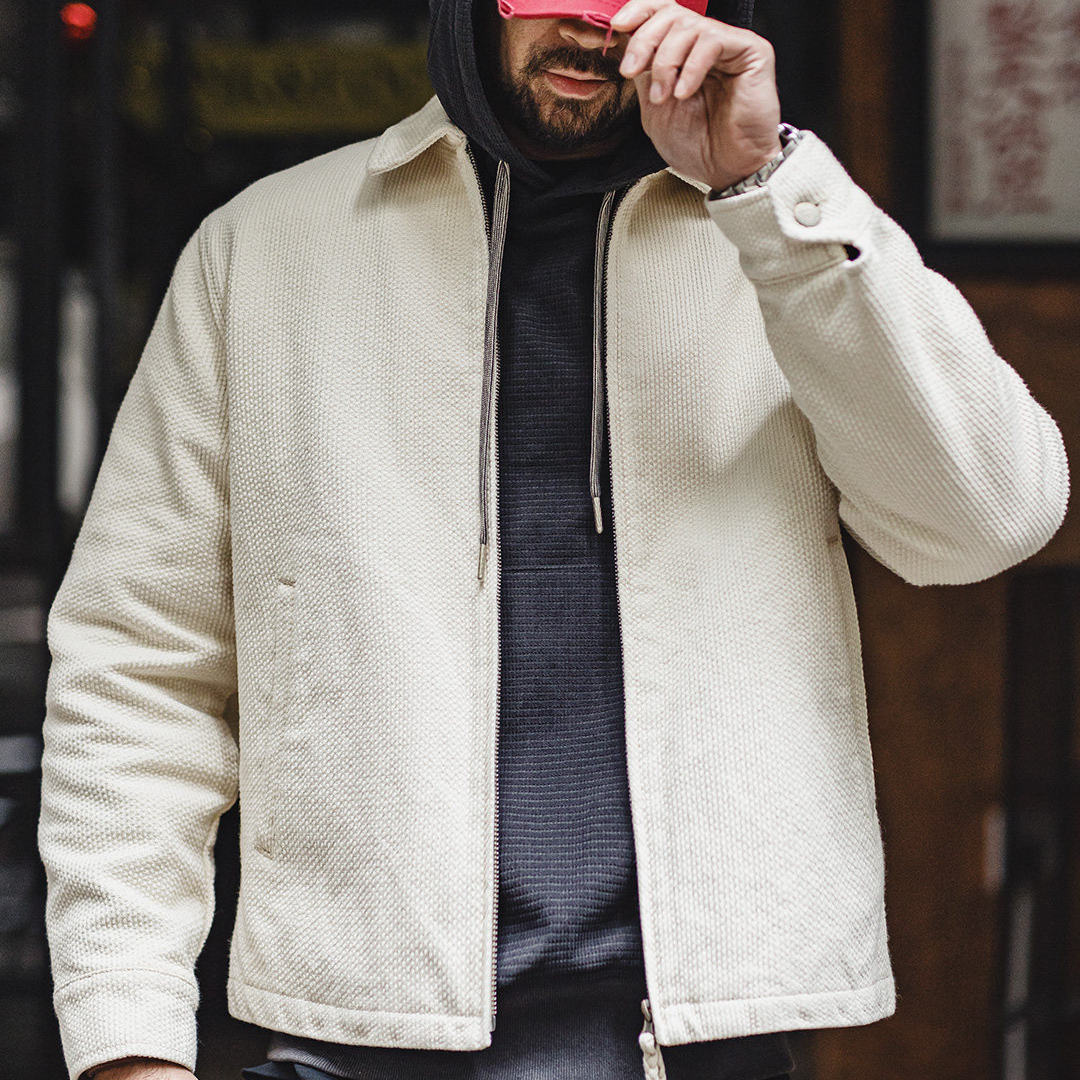 美式白色IKE教練夾克翻領重磅純棉正肩帆布短款外套男春