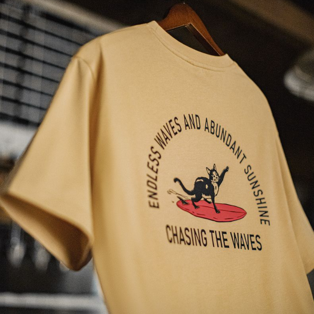 美式復古後背發泡印花T恤重磅薑黃色小眾創意短袖男款夏