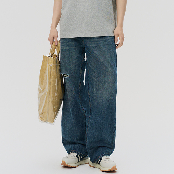 美式高街破洞水洗牛仔褲男高級感潮牌痞帥寬鬆直筒長褲子