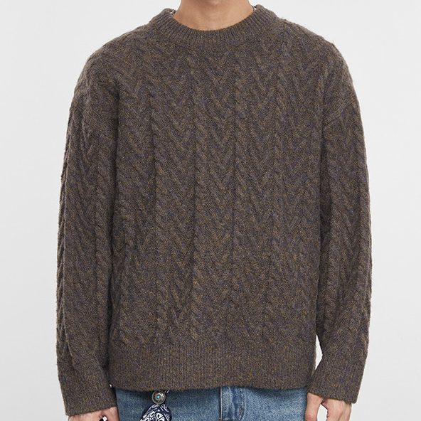 暖織秋冬季寬鬆絞花圓領套頭毛衣男士上衣潮流休閒針織衫