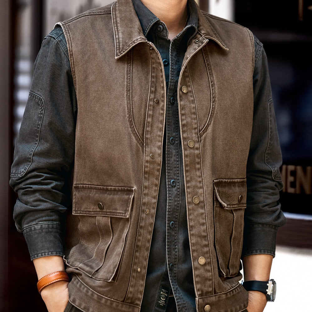 高端復古工裝馬甲男秋季潮牌山系戶外戰術寬松大碼夾克外套