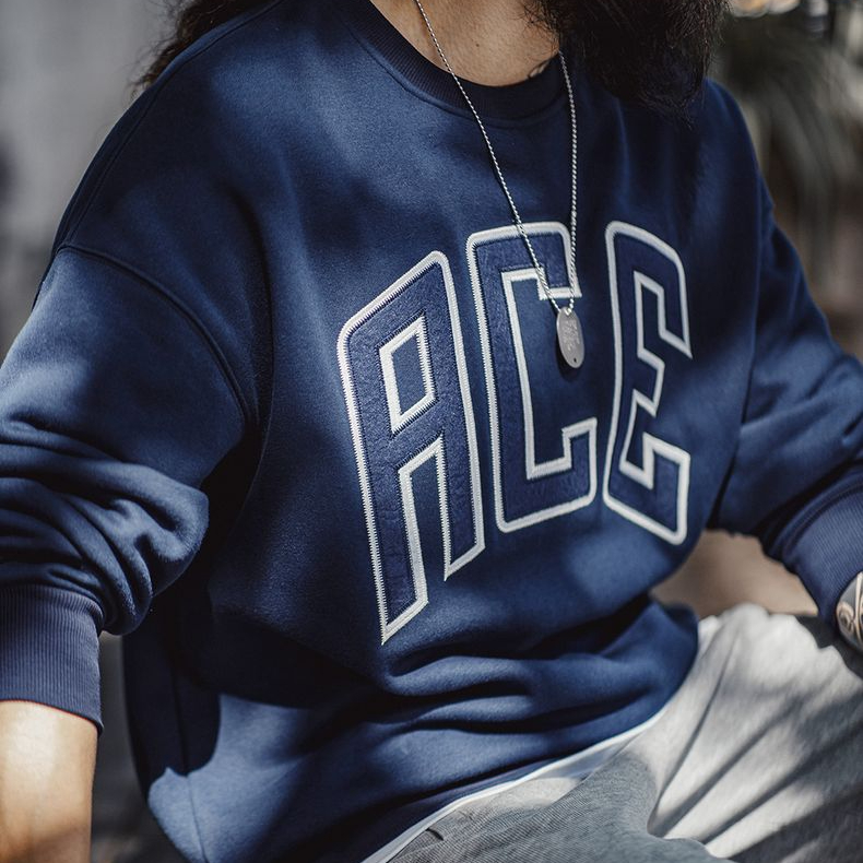 美式休閒字母刺繡衛衣學院風加厚加絨保暖圓領上衣男秋冬