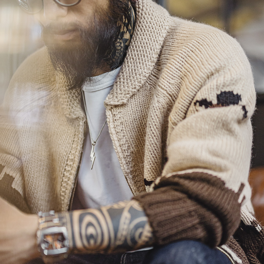 美式復古刺繡青果領毛衣卡其色開衫老錢風毛衫外套男秋冬