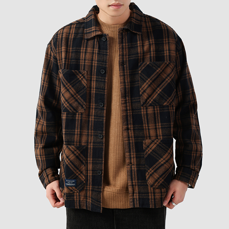 重磅格紋復古洗 春秋cityboy休閒長袖襯衫男寬鬆襯衣外套