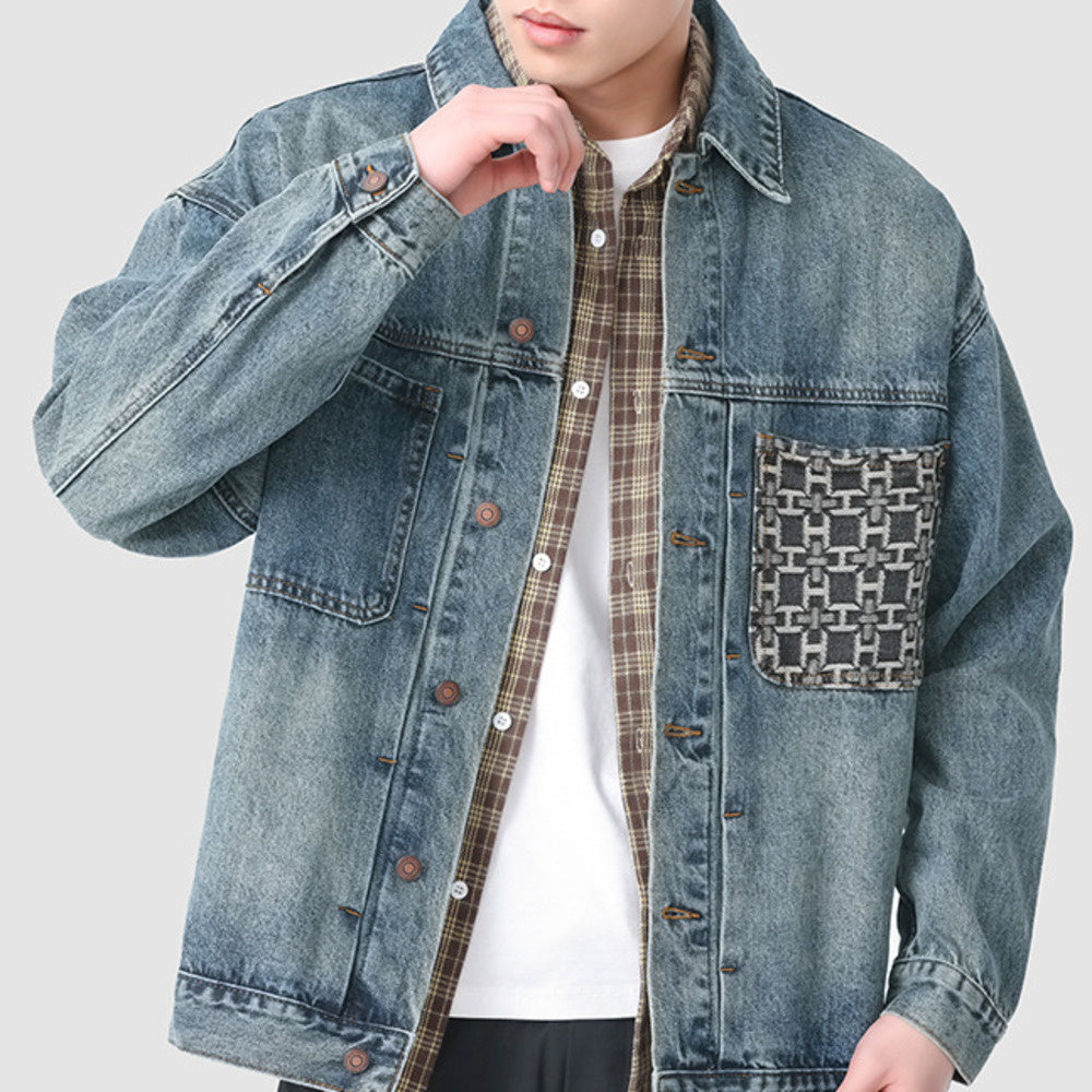 高級感刺繡口袋設計水洗牛仔外套男秋季寬松休閑工裝夾克