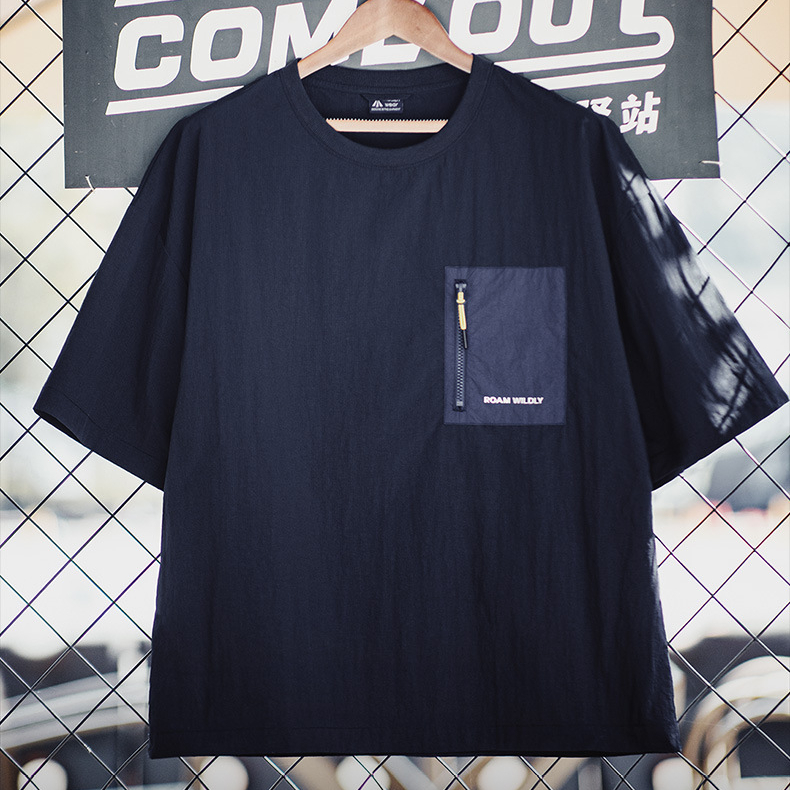 山系戶外薄款口袋拼接短袖T恤落肩尼龍透氣半袖T恤男夏