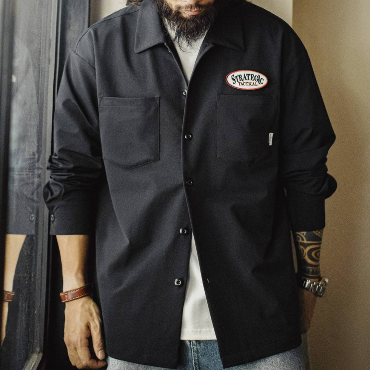 美式黑色口袋襯衫長袖梭織山系機能通勤襯衣外套男秋