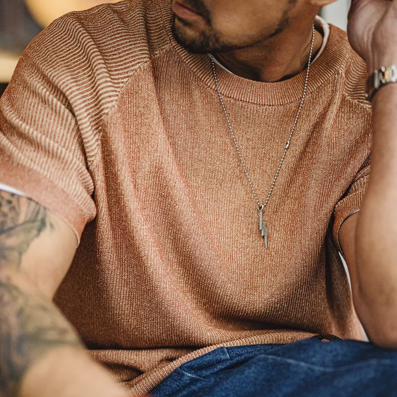 美式復古橙色針織衫短袖休閒寬鬆圓領薄款透氣T恤男夏季